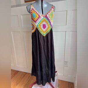 Boho Crochet Bodice Maxi Dress with Black Skirt Large